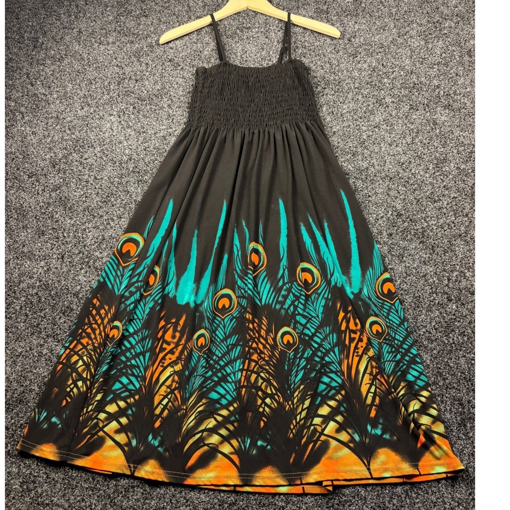 India Boutique Peacock Feather Print Smocked Maxi Dress Black Teal Orange OS